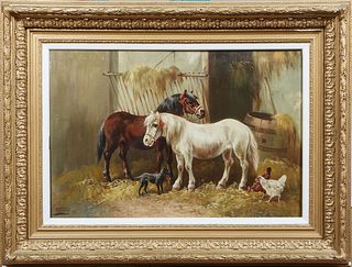 Paul Henry Schouten (Belgium, 1860-1922), "Horses in the Stables," 19th c., oil on canvas, signed lower left, presented in a gilt frame, H.- 19 1/8 in