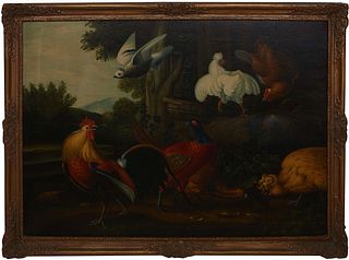 After Melchior de Hondecoeter (Dutch, 1636-1695), "Aves Congregation: Rooster, Hens, Flying Pigeon, and Pheasants," c. 1965, oil on canvas, unsigned, 