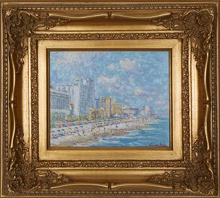 Niek Van der Plas (1954-, Dutch), "Daytona Beach," 20th c., oil on board, signed lower right, with a branded signature en verso, presented in a gilt f