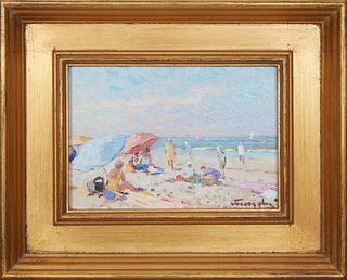 Niek Van der Plas (1954-, Dutch), "Beach Scene," 20th c., oil on board, signed lower right, with a branded signature en verso, presented in a gilt fra