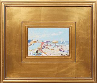 Niek Van der Plas (1954-, Dutch), "Beach Scene," 20th c., oil on board, signed lower right, with a branded signature en verso, presented in a gold lea