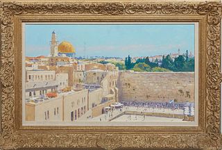 Niek Van der Plas (Netherlands, 1954-), "The Western Wall in Jerusalem," 20th c., oil on panel, signed lower right, with a branded signature on panel 