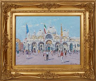 Niek Van der Plas (Netherlands, 1954-), "Piazza San Marco, Venice," 20th c., oil on panel, signed lower right, with a branded signature en verso, pres