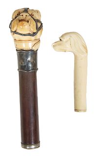 Two Carved Ivory Dog Head Cane Handles, 19th c., one with glass eyes; one of a sterling mounted muzzled bull dog, Bull dog- H.- 6 1/4 in., W.- 1 1/2 i