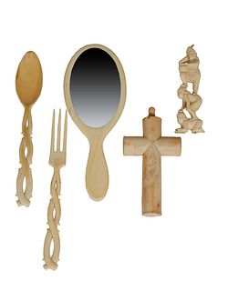 Group of Five Carved Ivory Pieces, 19th c., consisting of a cross pendant; a two piece salad server with twisted handles; a hand mirror with beveled p