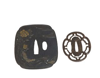 Two Japanese Patinated Tsubas, 19th c., one bronze, with relief landscape and floral decoration, the other iron of oval pierced form, Bronze-H.- 3 1/8