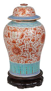 Large Chinese Porcelain Covered Baluster Ginger Jar, early 19th c., with iron red floral decoration and original lid with painted Greek key design bor