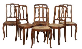 Set of Six French Louis XV Style Carved Cherry Rush Seat Dining Chairs, c. 1930, the slatted arched pierced medallion backs above trapezoidal rush sea