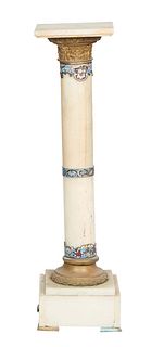 French Alabaster, Marble, Champleve Enamel and Porcelain Pedestal, ca. 1900, the tan marble base supporting the champleve-trimmed column standard H.- 