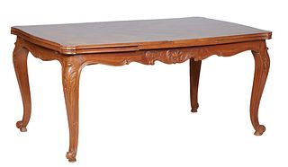 French Louis XV Style Carved Cherry Draw Leaf Dining Table, early 20th c., the stepped parquetry inlaid rounded corner top over a shell carved scallop