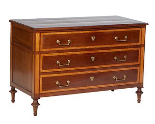 Exceptional Inlaid Walnut Louis XV Style Commode, 19th c., the ogee edge rectangular top over a bank of three drawers, on a plinth base on turned tape