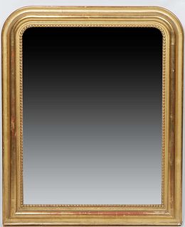 French Louis Philippe Gold Leaf and Gesso Overmantel Mirror, 19th c., the rounded corner top over a reeded frame and a beaded liner, H.- 40 in., W.- 3