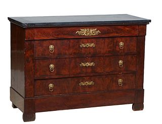 French Empire Ormolu Mounted Marble Top Commode, 19th c., The rounded edge and corner highly figured gray marble over a frieze drawer above three draw