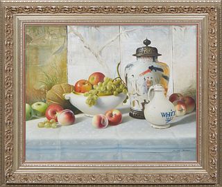 Emmitt Thames (Mississippi, 1933-), "Still Life with Fruit and Chinoisserie," 20th c., oil on canvas, signed lower right, presented in an antique styl