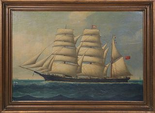 John Frederick Loos (Belgium, c. 1861-1895), "British Clipper Ship," 19th c., oil on paperboard, unsigned, presented in a gilt frame, H.- 20 1/2 in., 