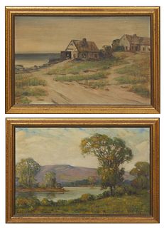 Steve E. Mathews (American/Louisiana), "House by the Shore," and "River Landscape," 20th c., pair of oils on board, one signed lower left, the other l