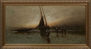 Continental School, "Coastal Boat Scene," 19th c., oil on canvas, signed "Van De Welt" lower right, presented in a gilt frame, H.- 11 1/2 in., W.- 23 