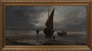 Continental School, "Coastal Boat Scene," 19th c., oil on canvas, signed indistinctly lower right, presented in a gilt frame, H.- 11 1/2 in., W.- 23 1