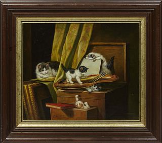 Bert Notenboom (1941-), "Kittens Playing in the Art Studio," 20th c., oil on canvas, signed on bottom, presented in a wood frame, H.- 19 in., W.- 23 i