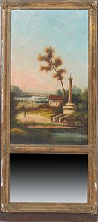 French Gilt and Gesso Trumeau Mirror, 19th c., the upper panel with an oil on canvas coastal scene over a lower mirrored plate, H.- 56 1/2 in., W.- 27