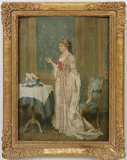 Auguste Serrure (Flemish, 1825-1903), "Portrait of a Lady Inspecting Her Gifts," 19th c., oil on panel, signed lower left, presented in a gilt and ges