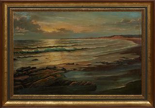 Continental School, "Seaside View," 20th c., oil on canvas, signed indistinctly lower left, possibly "E del Cappriccio," with a stamp of a rabbit en v
