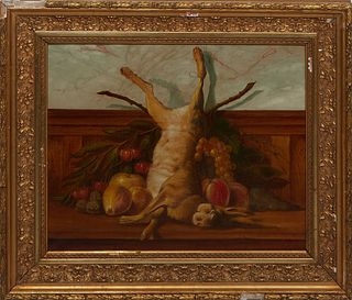 Tebuoull (French), "Nature Morte Au Lapin," 19th c., oil on canvas, signed lower right, presented in a gilt and gesso frame, H.- 17 3/8 in., W.- 20 7/