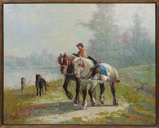 Henry Schouten (Belgian, 1857-1927), "Carriage Horses," oil on canvas, signed under pseudonym lower left, with artist information attached en verso, p