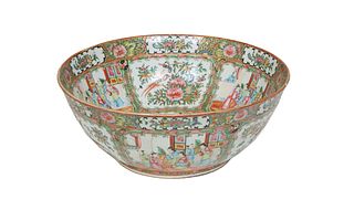 Chinese Rose Medallion Porcelain Punchbowl, 19th c., with interior and exterior panel decoration of birds, flowers and interior figural scenes, H.- 6 