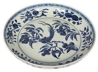 Large Chinese Blue and White Charger, 20th c., with bird, fruit and floral decoration, H.- 3 in., Dia.- 17 1/4 in.