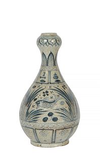 Large Chinese Baluster Earthenware Vase, 20th c., with fish and fruit decoration, H.- 19 3/8 in., Dia.- 10 1/2 in.