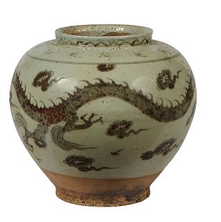 Large Chinese Earthenware Jar, 20th c., with brown dragon decoration on a pale green ground, H.- 13 1/4 in., Dia.- 14 1/2 in.