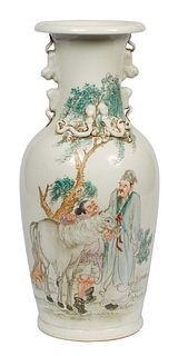 Large Chinese Porcelain Urn, with Foo dog handles, over salamander mounted shoulders, above a reserve of two figures an da horse in a landscape, H.- 1