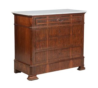 French Provincial Louis Philippe Carved Walnut Marble Top Commode, 19th c., the canted corner figured white marble over a long frieze drawer above thr