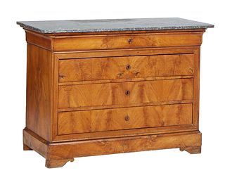 French Provincial Louis Philippe Carved Walnut Marble Top Commode, 19th c., the rounded corner highly figured gray marble over a cavetto frieze drawer