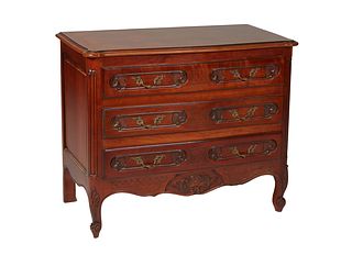 French Louis XV Style Carved Cherry Commode, 20th c., the stepped bowed cookie corner top over three bowed drawers, flanked by rounded edge pilasters,