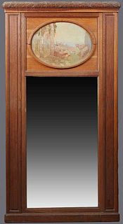 French Carved Oak Trumeau Mirror, 19th c., the leaf and berry carved crown over an oval painted landscape panel, around a wide beveled mirror plate, f