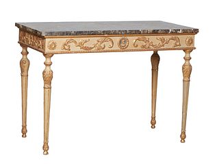 Neoclassical Polychrome, Parcel-Gilt and Marble-Top Side Table, mid-19th century, the rectangular marble top above a conforming foliate-garland-carved