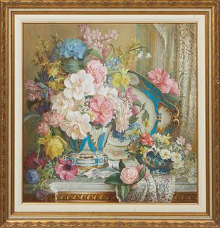 Brenda Burke (American), "Sevres Still Life with Flowers," 1993, oil on canvas, signed and dated lower right, with a Teri Galleries, Ltd. sticker en v