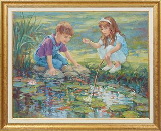 Lynn L. Gertenbach (California/Colorado,1948-), "Children Playing at the Pond," 20th c., signed lower right, presented in a linen lined gold leafed fr
