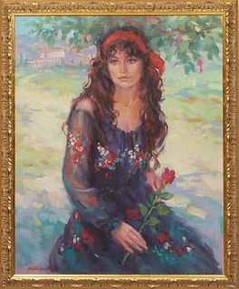 Lynn L. Gertenbach (California/Colorado, 1948-), "Senorita with Rose," 20th c., oil on canvas, signed lower left, presented in a gilt frame, H.- 29 1/