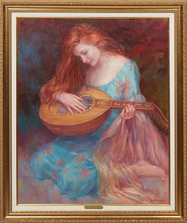 Lynn L. Gertenbach (California/Colorado, 1948-), "The Lute Player," 20th c., oil on canvas, signed "Gertenbach OPA" lower right, artist name and title