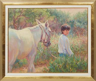Lynn Gertenbach, "Gypsy Boy and His Mule, Portugal," 1989, oil on canvas, signed and dated lower right, titled, signed and dated en verso, presented i