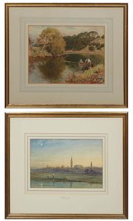 Frederick Dove Ogilvie (English, 1850-1921), "Evening by the Thames," 1904, watercolor on paper, initialed and dated lower right, presented in a gilt 