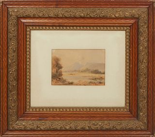 Continental School, "Mountainscape," 19th c., watercolor on paper, unsigned, presented in a wide mat and wood frame, H.- 6 1/2 in., W.- 9 1/2 in., Fra