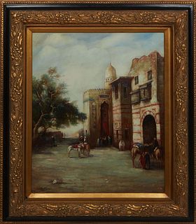 P. Antonin, "Middle Eastern Scene," 20th c., oil on canvas, signed lower left, presented in a gilt and ebonized frame, H.- 23 5/8 in., W.- 19 1/2 in.,