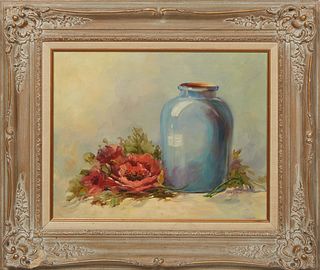C Coogan, "Still Life with Vase," 1980, oil on canvas, signed lower right, signed and dated en bottom verso, presented in a linen lined carved gilt wo