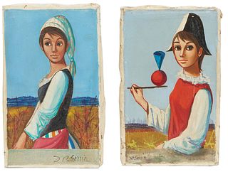 Jean Pierre Serrier (France, 1934-1989), "Harlequin" and "Village Girl," 20th c., pair of oils on canvas, each signed lower left and lower right, both