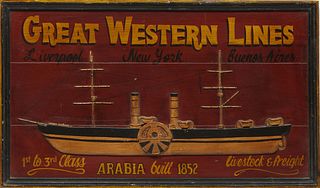 Painted Wood Advertising Sign, 20th c., for Great Western Liners, with a relief paddlewheel steamboat, in a integrated black and gilt frame, H.- 24 in