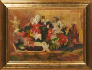 Jack Robertson (American), "Floral Still Life," 20th c., oil on canvas, signed lower right, presented in a gilt frame, H.- 13 1/2 in., W.- 20 3/4 in.,